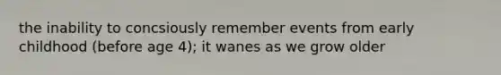 the inability to concsiously remember events from early childhood (before age 4); it wanes as we grow older