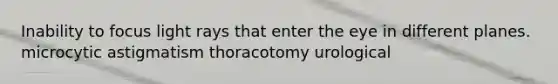 Inability to focus light rays that enter the eye in different planes. microcytic astigmatism thoracotomy urological