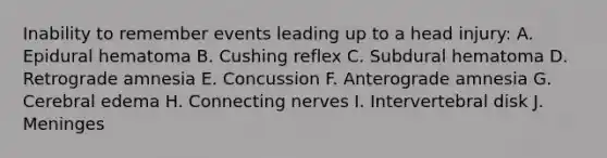 Inability to remember events leading up to a head injury: A. Epidural hematoma B. Cushing reflex C. Subdural hematoma D. Retrograde amnesia E. Concussion F. Anterograde amnesia G. Cerebral edema H. Connecting nerves I. Intervertebral disk J. Meninges