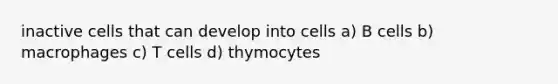 inactive cells that can develop into cells a) B cells b) macrophages c) T cells d) thymocytes