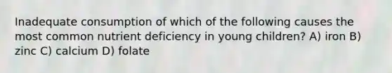 Inadequate consumption of which of the following causes the most common nutrient deficiency in young children? A) iron B) zinc C) calcium D) folate