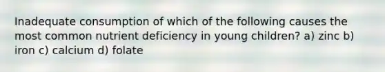 Inadequate consumption of which of the following causes the most common nutrient deficiency in young children? a) zinc b) iron c) calcium d) folate