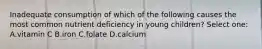 Inadequate consumption of which of the following causes the most common nutrient deficiency in young children? Select one: A.vitamin C B.iron C.folate D.calcium