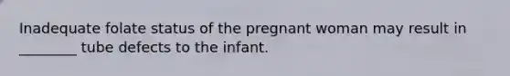 Inadequate folate status of the pregnant woman may result in ________ tube defects to the infant.