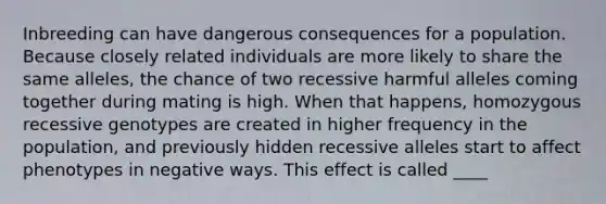 Inbreeding can have dangerous consequences for a population. Because closely related individuals are more likely to share the same alleles, the chance of two recessive harmful alleles coming together during mating is high. When that happens, homozygous recessive genotypes are created in higher frequency in the population, and previously hidden recessive alleles start to affect phenotypes in negative ways. This effect is called ____