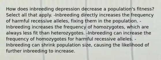 How does inbreeding depression decrease a population's fitness? Select all that apply. -Inbreeding directly increases the frequency of harmful recessive alleles, fixing them in the population. -Inbreeding increases the frequency of homozygotes, which are always less fit than heterozygotes. -Inbreeding can increase the frequency of homozygotes for harmful recessive alleles. -Inbreeding can shrink population size, causing the likelihood of further inbreeding to increase.