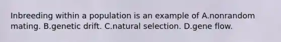 Inbreeding within a population is an example of A.nonrandom mating. B.genetic drift. C.natural selection. D.gene flow.