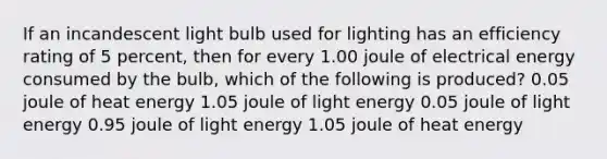 If an incandescent light bulb used for lighting has an efficiency rating of 5 percent, then for every 1.00 joule of electrical energy consumed by the bulb, which of the following is produced? 0.05 joule of heat energy 1.05 joule of light energy 0.05 joule of light energy 0.95 joule of light energy 1.05 joule of heat energy