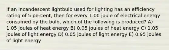 If an incandescent lightbulb used for lighting has an efficiency rating of 5 percent, then for every 1.00 joule of electrical energy consumed by the bulb, which of the following is produced? A) 1.05 joules of heat energy B) 0.05 joules of heat energy C) 1.05 joules of light energy D) 0.05 joules of light energy E) 0.95 joules of light energy