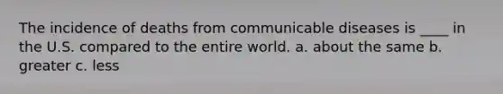 The incidence of deaths from communicable diseases is ____ in the U.S. compared to the entire world. a. about the same b. greater c. less