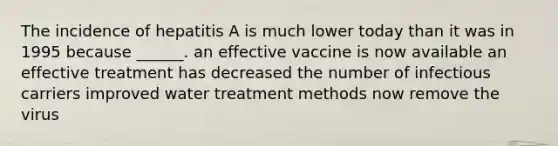 The incidence of hepatitis A is much lower today than it was in 1995 because ______. an effective vaccine is now available an effective treatment has decreased the number of infectious carriers improved water treatment methods now remove the virus