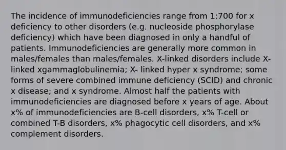 The incidence of immunodeficiencies range from 1:700 for x deficiency to other disorders (e.g. nucleoside phosphorylase deficiency) which have been diagnosed in only a handful of patients. Immunodeficiencies are generally more common in males/females than males/females. X-linked disorders include X-linked xgammaglobulinemia; X- linked hyper x syndrome; some forms of severe combined immune deficiency (SCID) and chronic x disease; and x syndrome. Almost half the patients with immunodeficiencies are diagnosed before x years of age. About x% of immunodeficiencies are B-cell disorders, x% T-cell or combined T-B disorders, x% phagocytic cell disorders, and x% complement disorders.