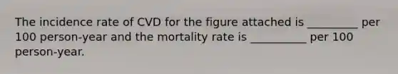 The incidence rate of CVD for the figure attached is _________ per 100 person-year and the mortality rate is __________ per 100 person-year.