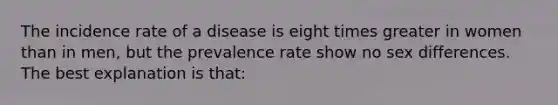 The incidence rate of a disease is eight times greater in women than in men, but the prevalence rate show no sex differences. The best explanation is that: