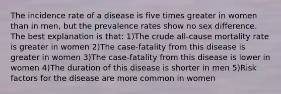 The incidence rate of a disease is five times greater in women than in men, but the prevalence rates show no sex difference. The best explanation is that: 1)The crude all-cause mortality rate is greater in women 2)The case-fatality from this disease is greater in women 3)The case-fatality from this disease is lower in women 4)The duration of this disease is shorter in men 5)Risk factors for the disease are more common in women