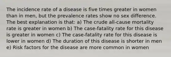 The incidence rate of a disease is five times greater in women than in men, but the prevalence rates show no sex difference. The best explanation is that: a) The crude all-cause mortality rate is greater in women b) The case-fatality rate for this disease is greater in women c) The case-fatality rate for this disease is lower in women d) The duration of this disease is shorter in men e) Risk factors for the disease are more common in women