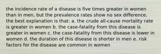 the incidence rate of a disease is five times greater in women than in men, but the prevalence rates show no sex difference. the best explanation is that: a. the crude all-cause mortality rate is greater in women b. the case-fatality from this disease is greater in women c. the case-fatality from this disease is lower in women d. the duration of this disease is shorter in men e. risk factors for the disease are common in women