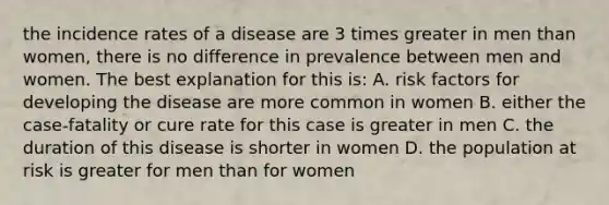 the incidence rates of a disease are 3 times greater in men than women, there is no difference in prevalence between men and women. The best explanation for this is: A. risk factors for developing the disease are more common in women B. either the case-fatality or cure rate for this case is greater in men C. the duration of this disease is shorter in women D. the population at risk is greater for men than for women