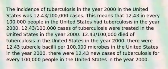 The incidence of tuberculosis in the year 2000 in the United States was 12.43/100,000 cases. This means that 12.43 in every 100,000 people in the United States had tuberculosis in the year 2000. 12.43/100,000 cases of tuberculosis were treated in the United States in the year 2000. 12.43/100,000 died of tuberculosis in the United States in the year 2000. there were 12.43 tubercle bacilli per 100,000 microbes in the United States in the year 2000. there were 12.43 new cases of tuberculosis for every 100,000 people in the United States in the year 2000.