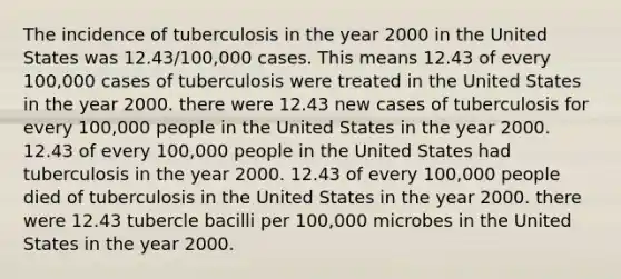 The incidence of tuberculosis in the year 2000 in the United States was 12.43/100,000 cases. This means 12.43 of every 100,000 cases of tuberculosis were treated in the United States in the year 2000. there were 12.43 new cases of tuberculosis for every 100,000 people in the United States in the year 2000. 12.43 of every 100,000 people in the United States had tuberculosis in the year 2000. 12.43 of every 100,000 people died of tuberculosis in the United States in the year 2000. there were 12.43 tubercle bacilli per 100,000 microbes in the United States in the year 2000.