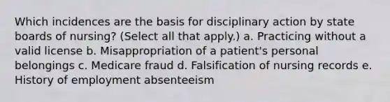 Which incidences are the basis for disciplinary action by state boards of nursing? (Select all that apply.) a. Practicing without a valid license b. Misappropriation of a patient's personal belongings c. Medicare fraud d. Falsification of nursing records e. History of employment absenteeism