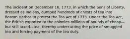 The incident on December 16, 1773, in which the Sons of Liberty, dressed as Indians, dumped hundreds of chests of tea into Boston Harbor to protest the Tea Act of 1773. Under the Tea Act, the British exported to the colonies millions of pounds of cheap—but still taxed—tea, thereby undercutting the price of smuggled tea and forcing payment of the tea duty.