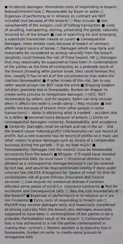 ● Incidental damages: Immediate costs of responding to breach; Natural/inherent loss ○ Recoverable by buyer or seller ○ Expenses of performing or in reliance on contract are NOT included (not because of the breach) ○ May include: ■ lost value/benefit of the bargain; cost of halting transaction ■ costs of recalling, transporting, storing, preserving the goods, naturally incurred b/c of the breach ■ cost of searching for and arranging a substitute transaction (resale or cover) ● Consequential damages: more remote costs because of breach of contract; often largest source of losses ○ Damages which may fairly and reasonably be considered as arising naturally from the breach (anybody could foresee the risk of these losses), OR ○ Damages that may reasonably be supposed to have been in contemplation of the parties at the time of contracting as a probable result of the breach (knowing what parties know, they could foresee this loss; usually Π has to tell Δ of the circumstances that make the risk/loss foreseeable) ■ If seller knows of this risk, fair to say seller would accept risk BUT raise the price ■ Shipping modern solution: presume loss is foreseeable. Burden on shipper to create some process to renegotiate damages ○ UCC- NOT recoverable by sellers, just for buyers; Seller can only recover when it affects the seller's credit rating ○ May include: ■ lost profits lost because of breach (from other people in other transactions) ‒ delay in obtaining what is needed ‒ accident due to a defect ■ personal injury because of breach ○ Limits on consequential damages: certainty, foreseeability, and avoidance ■ Certainty: Damages must be certain and not in the air ‒ Did the breach cause reduced profit? (Old business can use record of profits, but a new business has no record of profits so it must use other means to prove damages such as record of a comparable business during the period) ‒ If so, by how much? ■ Foreseeability: Damages (not the extent) must be foreseeable occurrence from the breach ■ Mitigate: If Π could have avoided consequential DAS, he must have ○ Emotional distress is not allowed as a consequential damage because it can be covered by tort law, and would be disproportionate liability if done under contract law UNLESS (Exception) for "peace of mind" Ks that do contemplate risk of grave distress (insurance and funeral services) ○ Can recover for emotional distress if contract afforded some peace of mind (i.e. insurance contracts) ● Test for Incidental and Consequential DAS: ○ Was the cost incurred b/c of the breach? ■ Expenses of performance or in reliance on K are not incidental ■ Extra costs of responding to breach are ○ Plaintiff may recover damages fairly and reasonably considered as arising naturally from the breach plus damages reasonably supposed to have been in contemplation of the parties to be a probable (foreseeable) result of the breach. ○ Contemplation loss is loss attributed to a risk the parties contemplated in making their contract ○ Modern solution is to presume loss is foreseeable, burden on seller to create some process to renegotiate DAS