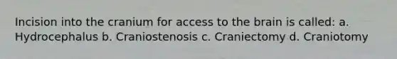 Incision into the cranium for access to <a href='https://www.questionai.com/knowledge/kLMtJeqKp6-the-brain' class='anchor-knowledge'>the brain</a> is called: a. Hydrocephalus b. Craniostenosis c. Craniectomy d. Craniotomy