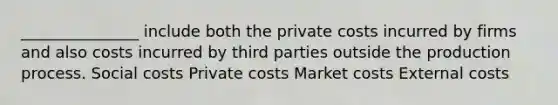 _______________ include both the private costs incurred by firms and also costs incurred by third parties outside the production process. Social costs Private costs Market costs External costs