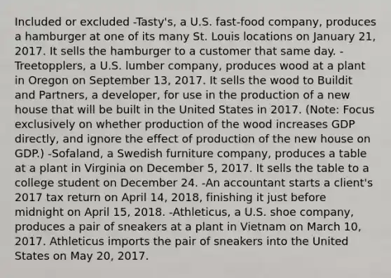 Included or excluded -Tasty's, a U.S. fast-food company, produces a hamburger at one of its many St. Louis locations on January 21, 2017. It sells the hamburger to a customer that same day. -Treetopplers, a U.S. lumber company, produces wood at a plant in Oregon on September 13, 2017. It sells the wood to Buildit and Partners, a developer, for use in the production of a new house that will be built in the United States in 2017. (Note: Focus exclusively on whether production of the wood increases GDP directly, and ignore the effect of production of the new house on GDP.) -Sofaland, a Swedish furniture company, produces a table at a plant in Virginia on December 5, 2017. It sells the table to a college student on December 24. -An accountant starts a client's 2017 tax return on April 14, 2018, finishing it just before midnight on April 15, 2018. -Athleticus, a U.S. shoe company, produces a pair of sneakers at a plant in Vietnam on March 10, 2017. Athleticus imports the pair of sneakers into the United States on May 20, 2017.