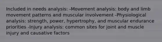 Included in needs analysis: -Movement analysis: body and limb movement patterns and muscular involvement -Physiological analysis: strength, power, hypertrophy, and muscular endurance priorities -Injury analysis: common sites for joint and muscle injury and causative factors