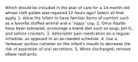 Which should be included in the plan of care for a 14-month-old whose cleft palate was repaired 12 hours ago? Select all that apply. 1. Allow the infant to have familiar items of comfort such as a favorite stuffed animal and a "sippy" cup. 2. Once liquids have been tolerated, encourage a bland diet such as soup, Jell-O, and saltine crackers. 3. Administer pain medication on a regular schedule, as opposed to an as-needed schedule. 4. Use a Yankauer suction catheter on the infant's mouth to decrease the risk of aspiration of oral secretions. 5. When discharged, remove elbow restraints.