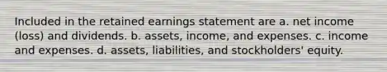 Included in the retained earnings statement are a. net income (loss) and dividends. b. assets, income, and expenses. c. income and expenses. d. assets, liabilities, and stockholders' equity.