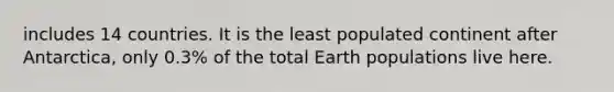 includes 14 countries. It is the least populated continent after Antarctica, only 0.3% of the total Earth populations live here.