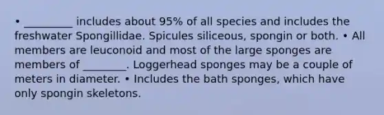 • _________ includes about 95% of all species and includes the freshwater Spongillidae. Spicules siliceous, spongin or both. • All members are leuconoid and most of the large sponges are members of ________. Loggerhead sponges may be a couple of meters in diameter. • Includes the bath sponges, which have only spongin skeletons.