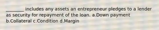 ________ includes any assets an entrepreneur pledges to a lender as security for repayment of the loan. a.Down payment b.Collateral c.Condition d.Margin