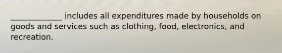 _____________ includes all expenditures made by households on goods and services such as clothing, food, electronics, and recreation.