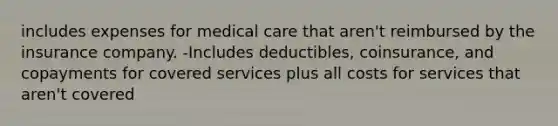 includes expenses for medical care that aren't reimbursed by the insurance company. -Includes deductibles, coinsurance, and copayments for covered services plus all costs for services that aren't covered