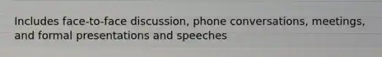 Includes face-to-face discussion, phone conversations, meetings, and formal presentations and speeches