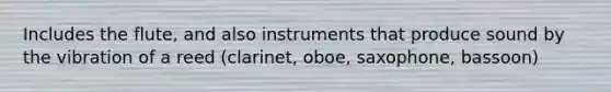 Includes the flute, and also instruments that produce sound by the vibration of a reed (clarinet, oboe, saxophone, bassoon)