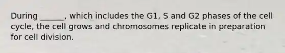 During ______, which includes the G1, S and G2 phases of the cell cycle, the cell grows and chromosomes replicate in preparation for cell division.