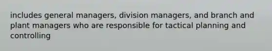 includes general managers, division managers, and branch and plant managers who are responsible for tactical planning and controlling