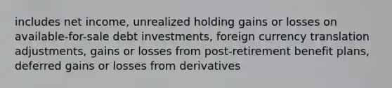 includes net income, unrealized holding gains or losses on available-for-sale debt investments, foreign currency translation adjustments, gains or losses from post-retirement benefit plans, deferred gains or losses from derivatives