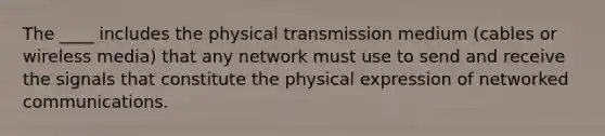 The ____ includes the physical transmission medium (cables or wireless media) that any network must use to send and receive the signals that constitute the physical expression of networked communications.