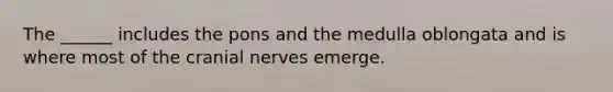 The ______ includes the pons and the medulla oblongata and is where most of the <a href='https://www.questionai.com/knowledge/kE0S4sPl98-cranial-nerves' class='anchor-knowledge'>cranial nerves</a> emerge.