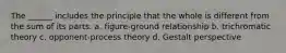 The ______ includes the principle that the whole is different from the sum of its parts. a. figure-ground relationship b. trichromatic theory c. opponent-process theory d. Gestalt perspective