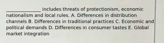 _______________ includes threats of protectionism, economic nationalism and local rules. A. Differences in distribution channels B. Differences in traditional practices C. Economic and political demands D. Differences in consumer tastes E. Global market integration