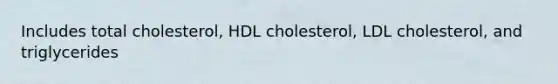 Includes total cholesterol, HDL cholesterol, LDL cholesterol, and triglycerides