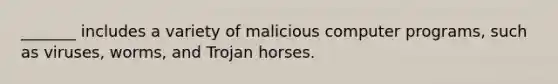 _______ includes a variety of malicious computer programs, such as viruses, worms, and Trojan horses.