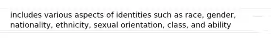 includes various aspects of identities such as race, gender, nationality, ethnicity, sexual orientation, class, and ability